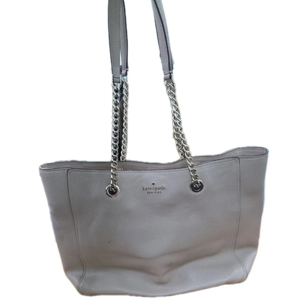 Kate Spade New York Pebbled Leather Chain Tote Bag Gray Taupe Large Shoulder Bag